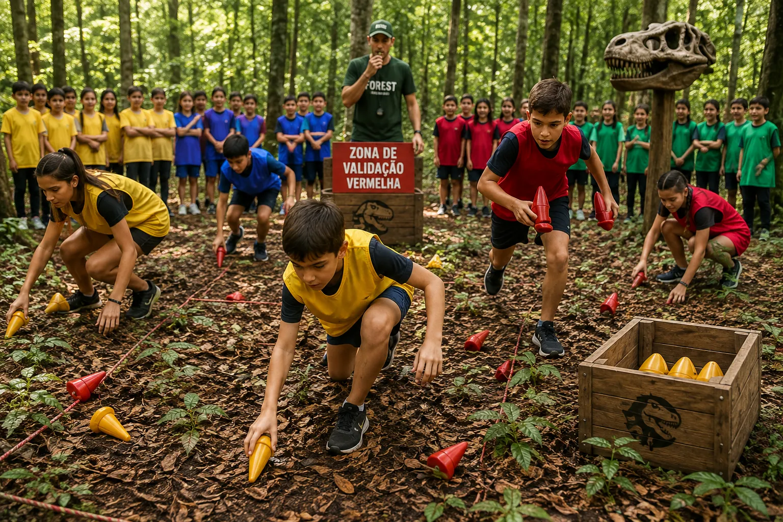 Crianças participando do desafio Caça às Presas do T-Rex