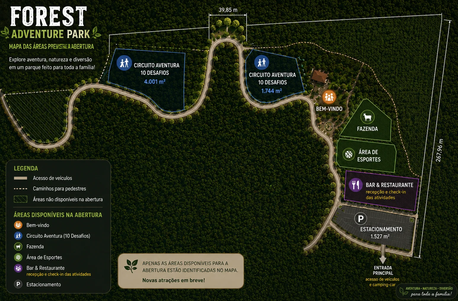 Mapa do Forest Adventure Park com entrada, estacionamento, Bar & Restaurante, Circuito Aventura, Fazenda, Área de Lazer e caminhos para pedestres